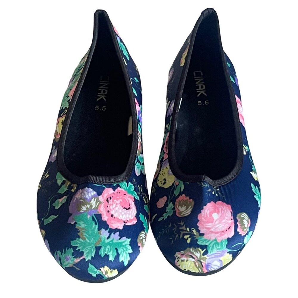 Navy Floral Ballet Flats Round Toe Cottagecore Slip On Shoes - Picture 6 of 8